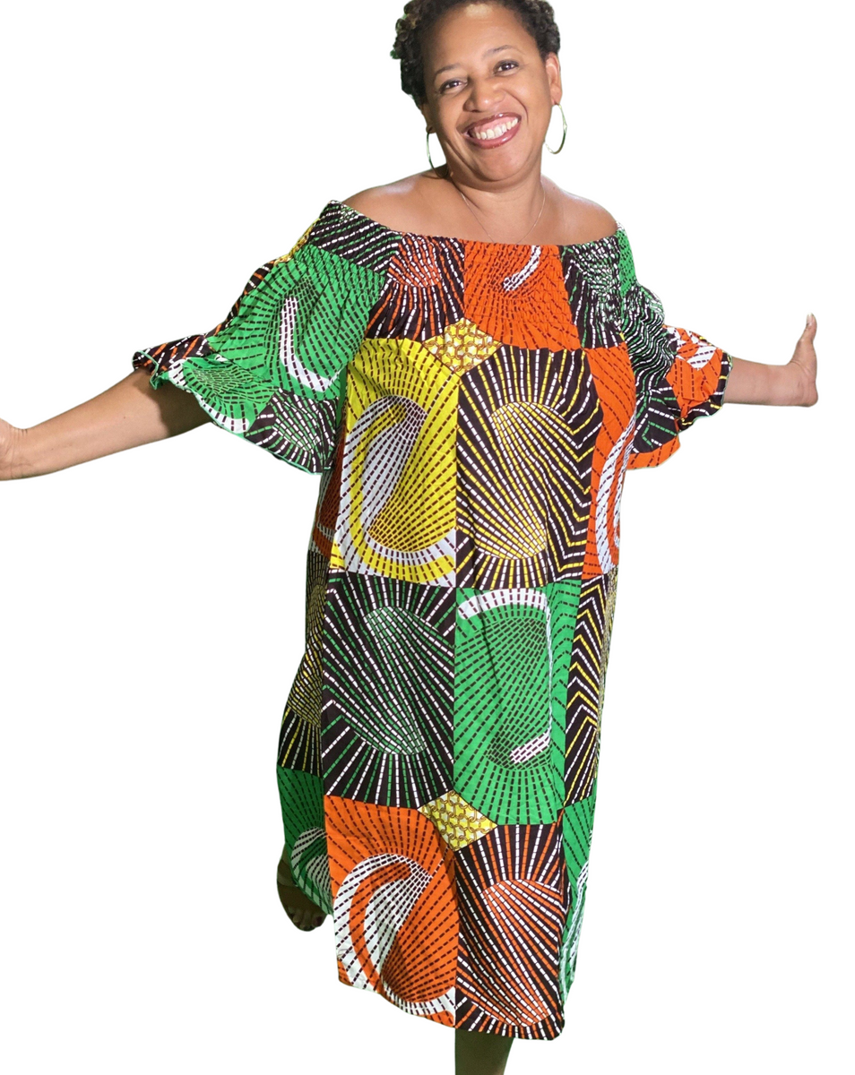 African Print Off the Shoulder Dresses Green & Red Multi