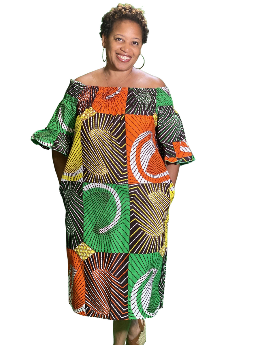 African Print Off the Shoulder Dresses Green Multi