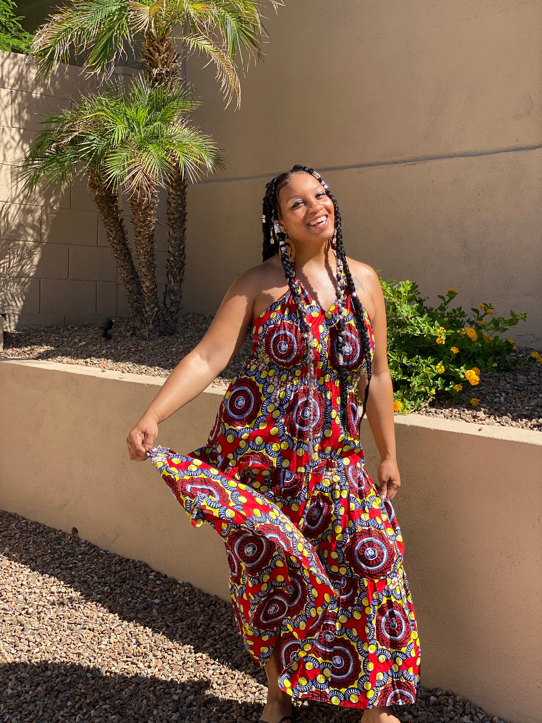 African Print Halter Maxi Dresses Blue & Yellow Multi