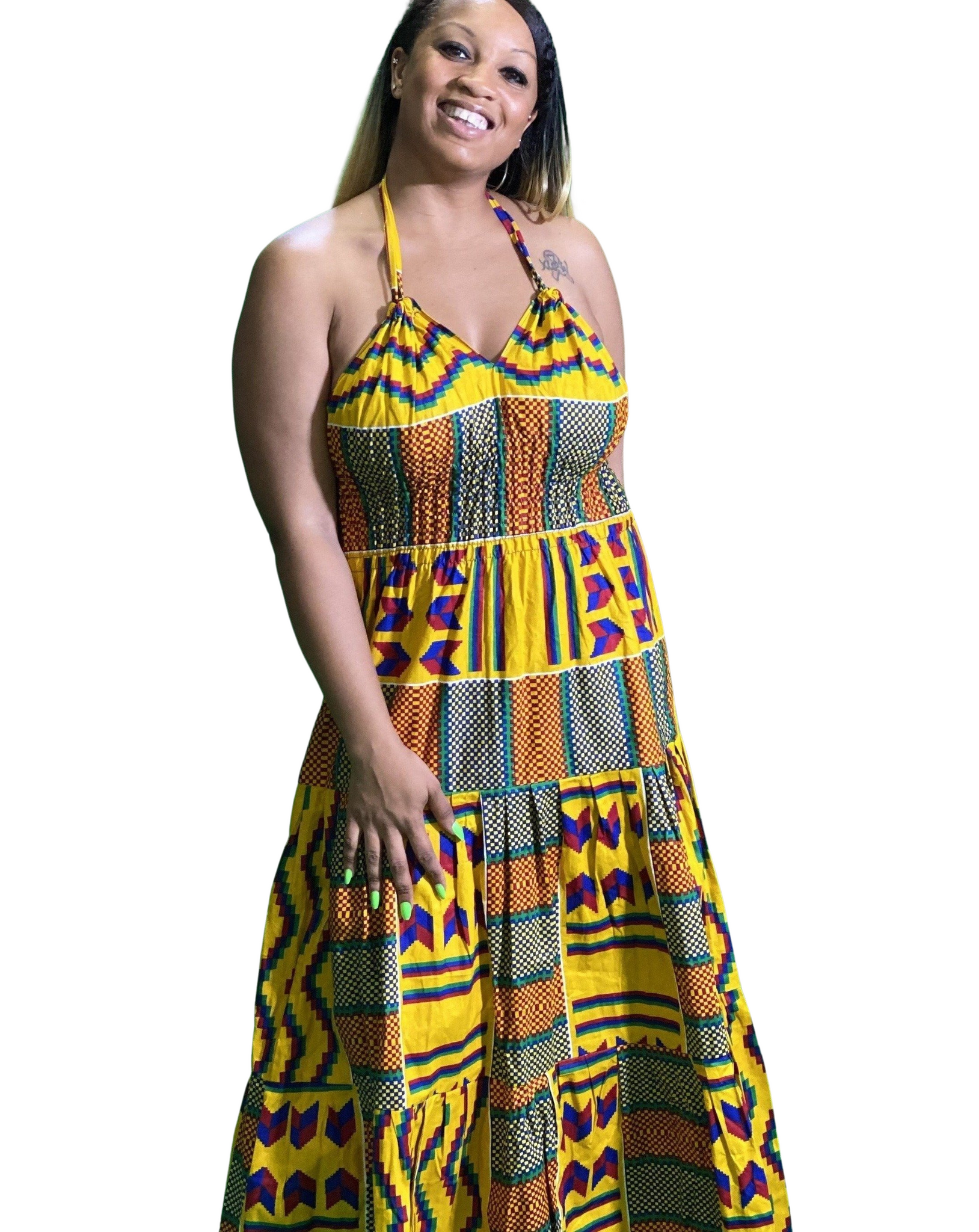 African Print Halter Maxi Dresses Blue & Yellow Multi African Print Halter Maxi Dresses Blue & Yellow Multi